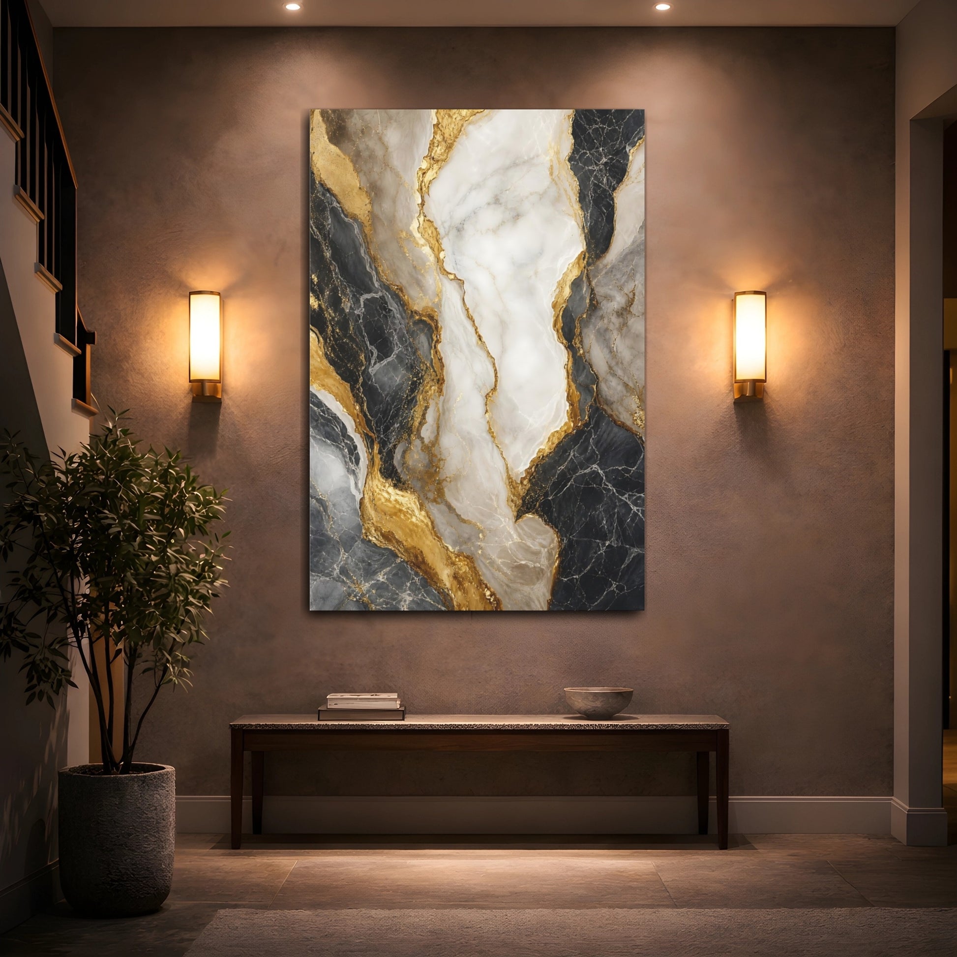 Mockup 2. Abstract Marble Black White Gold Marble shown as stretched canvas wall art