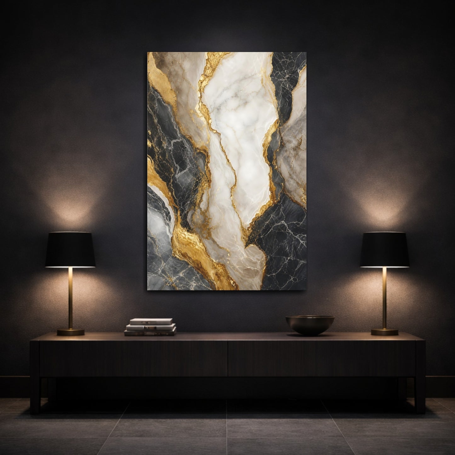 Mockup 3. Abstract Marble Black White Gold Marble shown as stretched canvas wall art