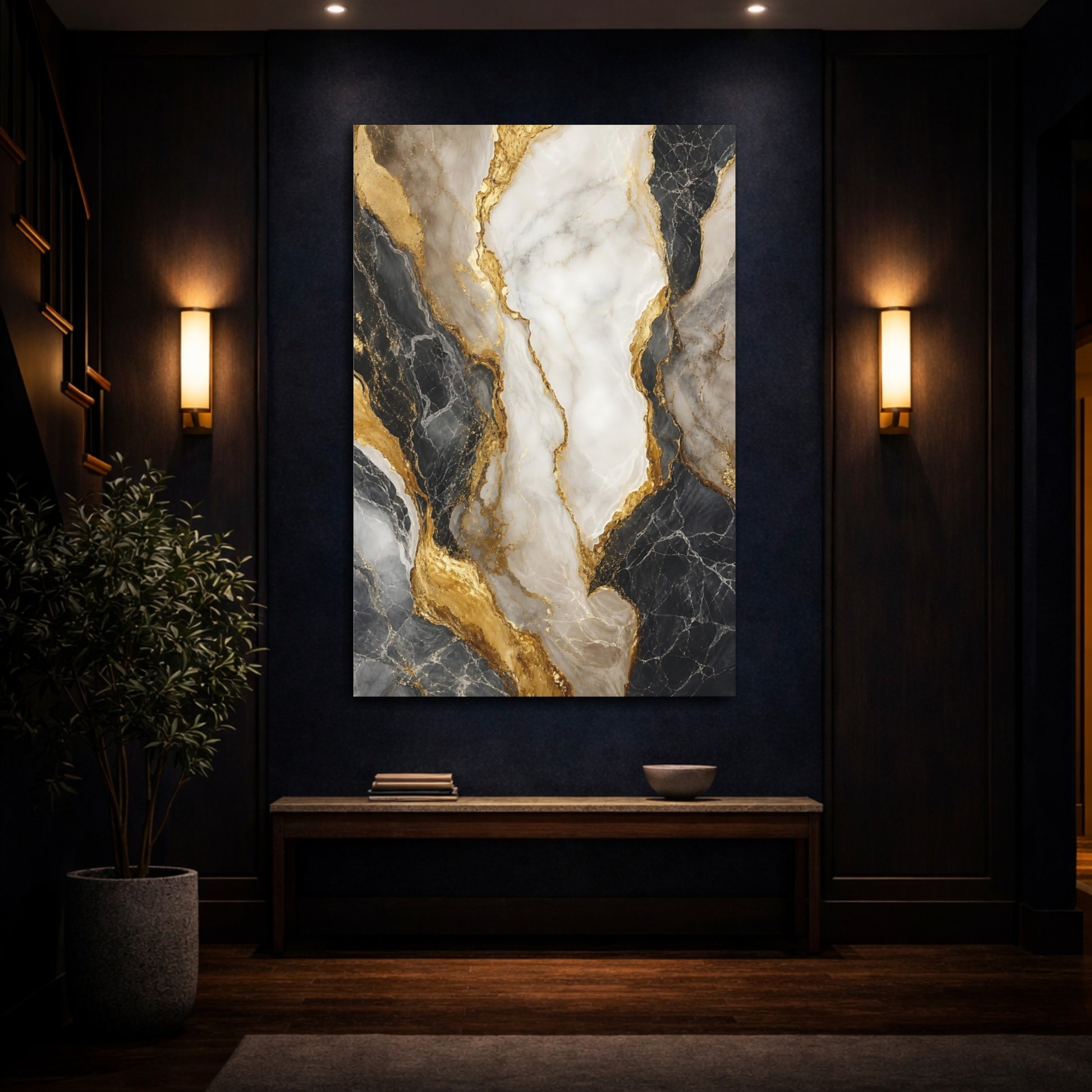 Mockup 4. Abstract Marble Black White Gold Marble shown as stretched canvas wall art