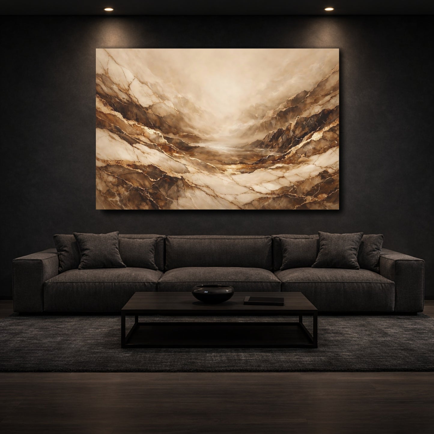 Mockup 2. Abstract Marble Canyon Brown And Gold shown as stretched canvas wall art