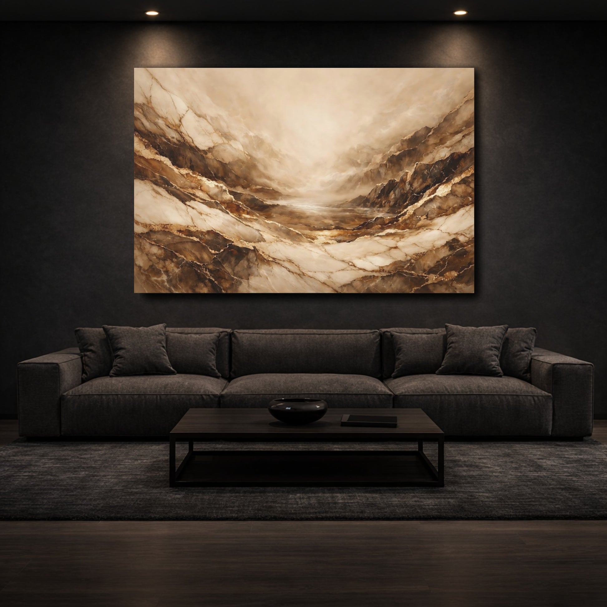 Mockup 2. Abstract Marble Canyon Brown And Gold shown as stretched canvas wall art