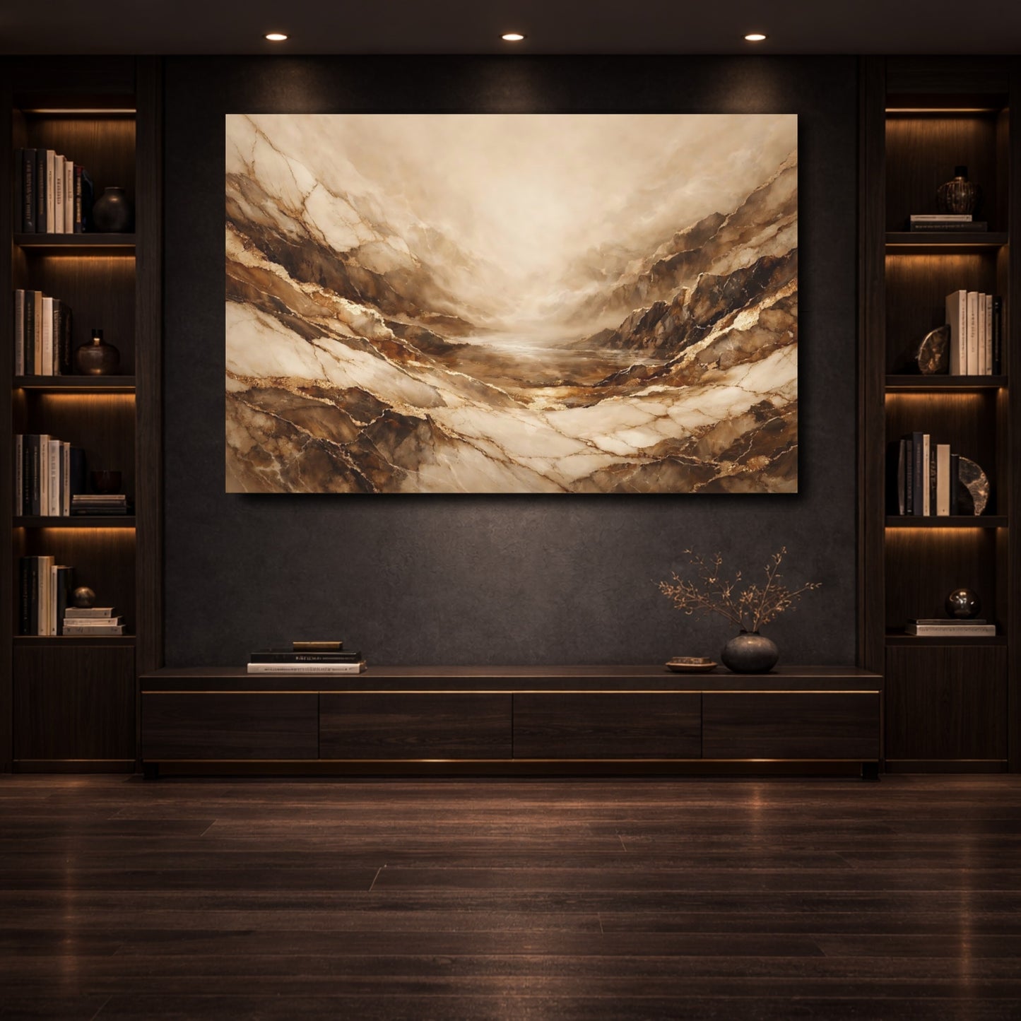 Mockup 3. Abstract Marble Canyon Brown And Gold shown as stretched canvas wall art
