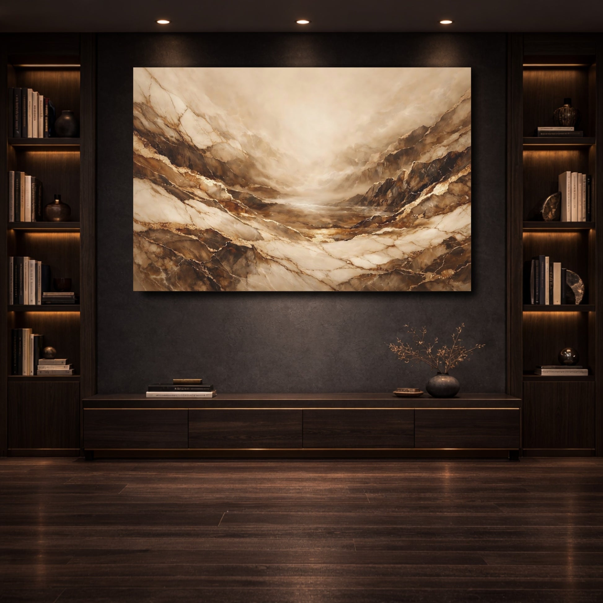 Mockup 3. Abstract Marble Canyon Brown And Gold shown as stretched canvas wall art