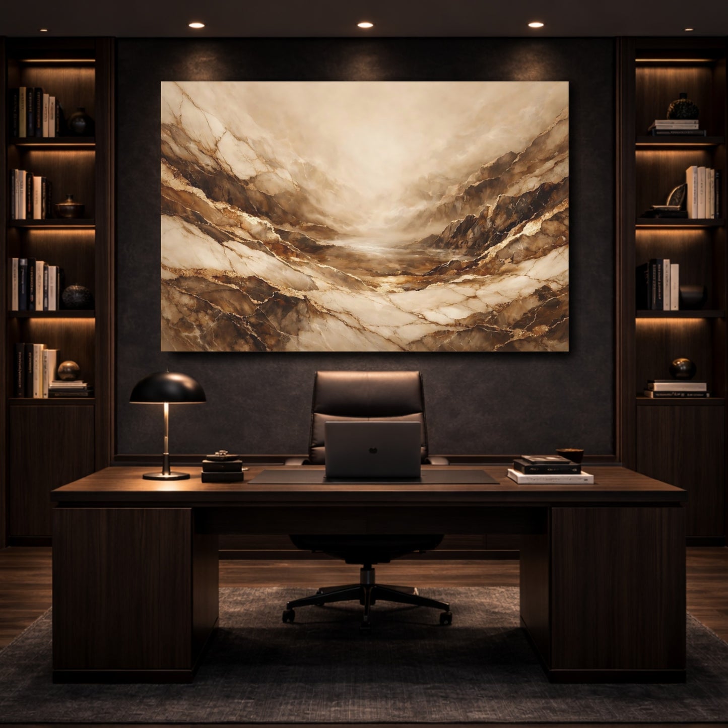 Mockup 4. Abstract Marble Canyon Brown And Gold shown as stretched canvas wall art