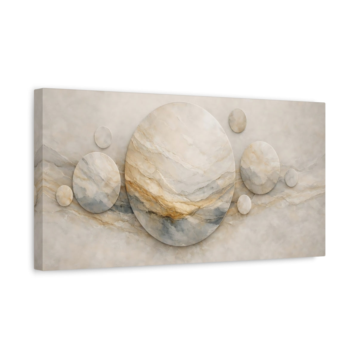 Side Mockup 3. Abstract Marble Circles Beige Marble shown as stretched canvas wall art