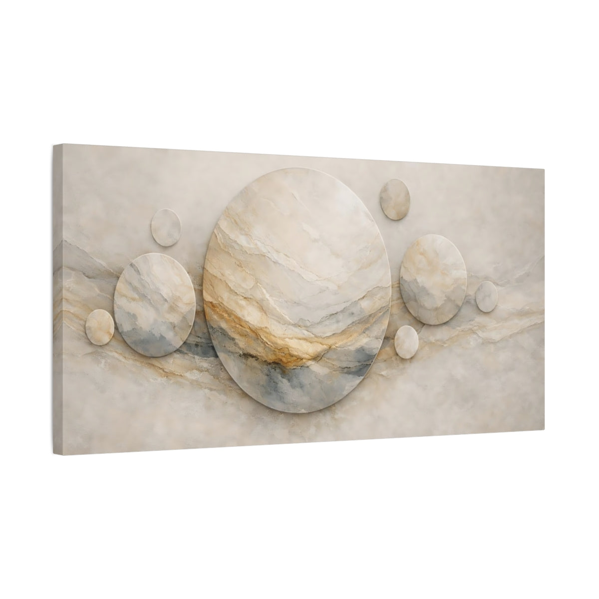 Side Mockup 2. Abstract Marble Circles Beige Marble shown as stretched canvas wall art