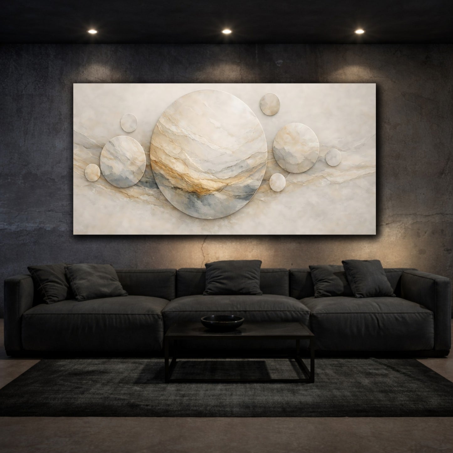 Mockup 2. Abstract Marble Circles Beige Marble shown as stretched canvas wall art