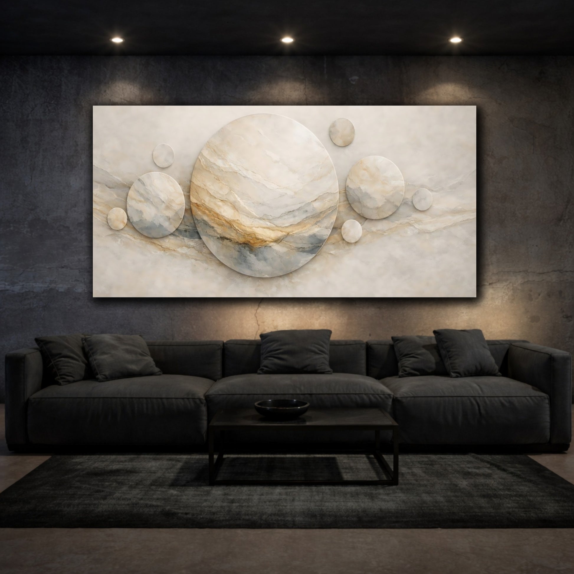 Mockup 2. Abstract Marble Circles Beige Marble shown as stretched canvas wall art