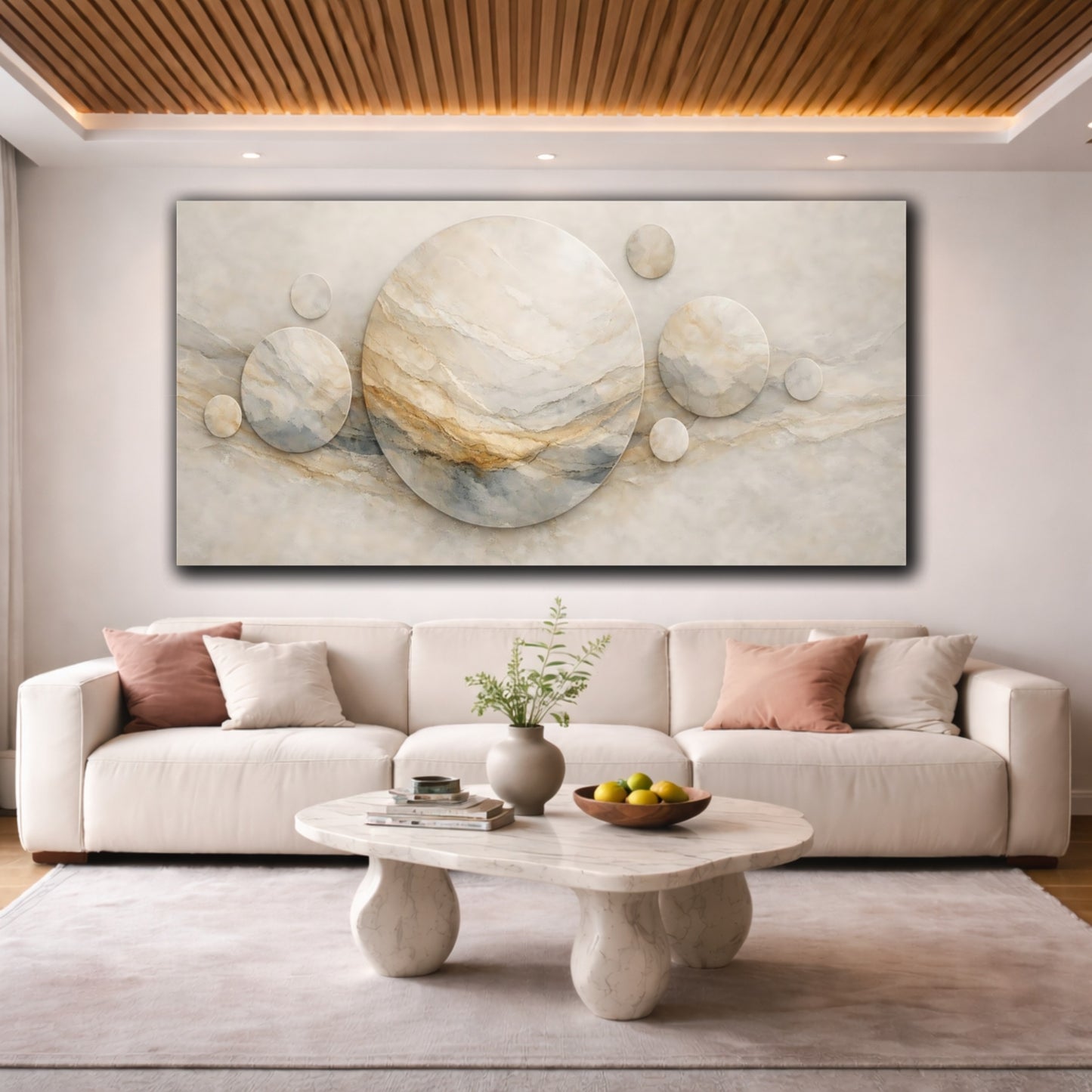 Mockup 3. Abstract Marble Circles Beige Marble shown as stretched canvas wall art