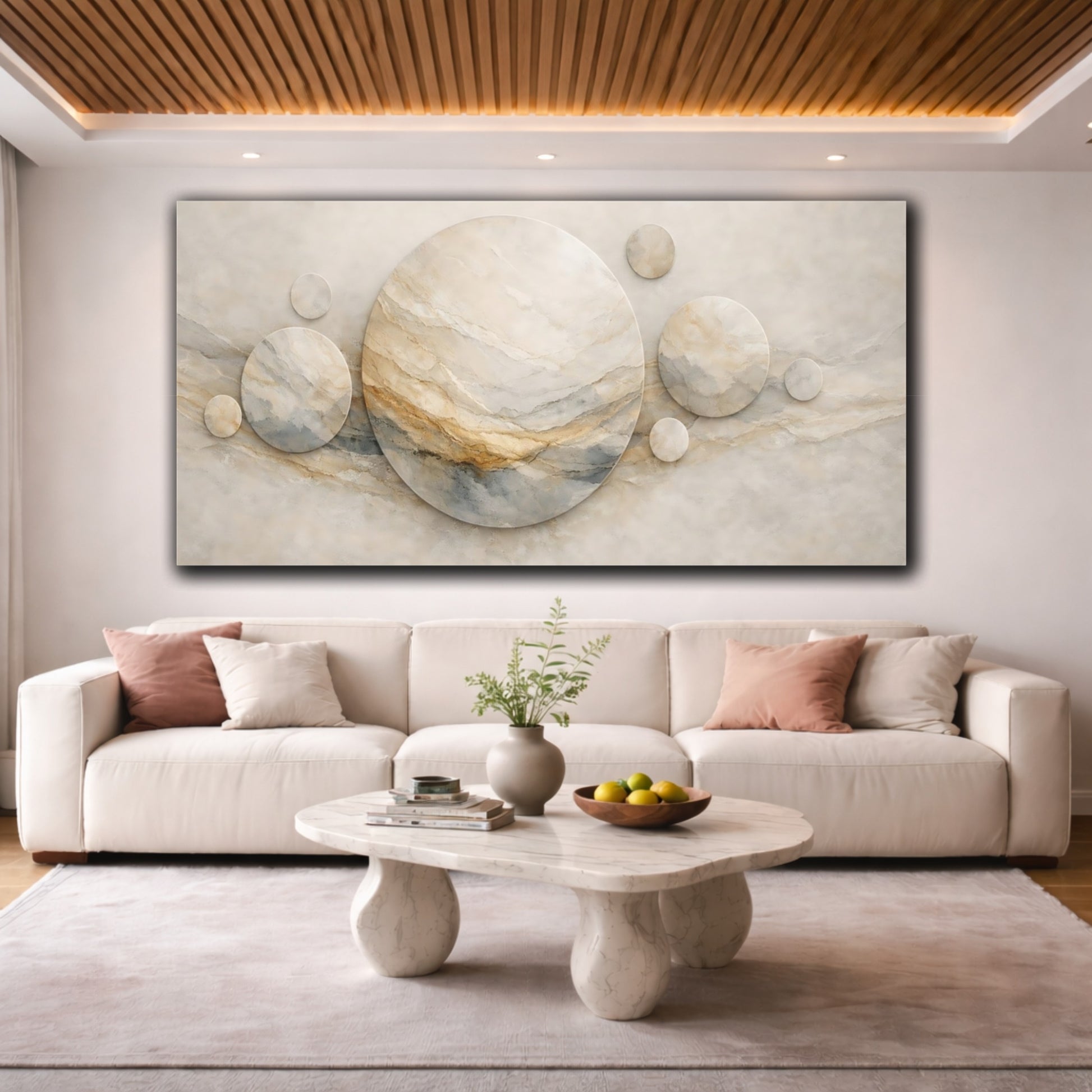 Mockup 3. Abstract Marble Circles Beige Marble shown as stretched canvas wall art