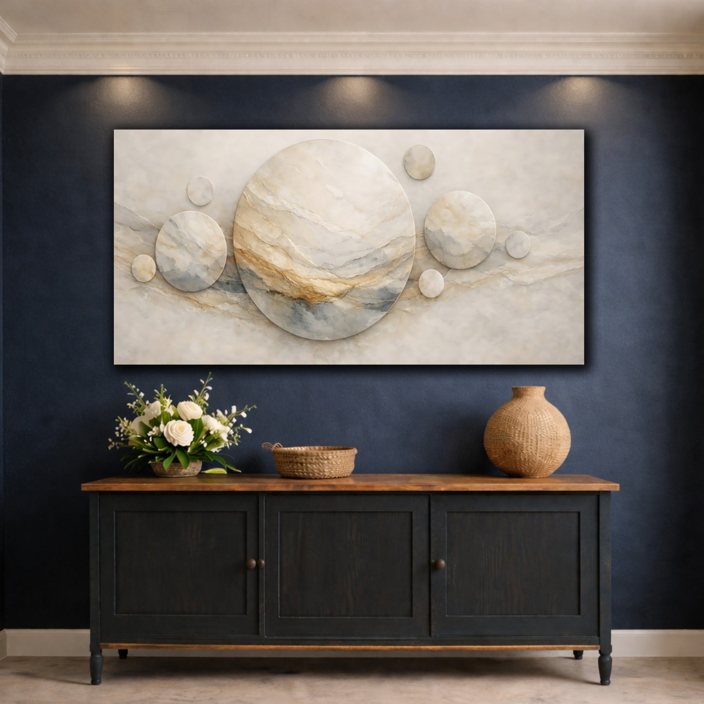 Mockup 4. Abstract Marble Circles Beige Marble shown as stretched canvas wall art