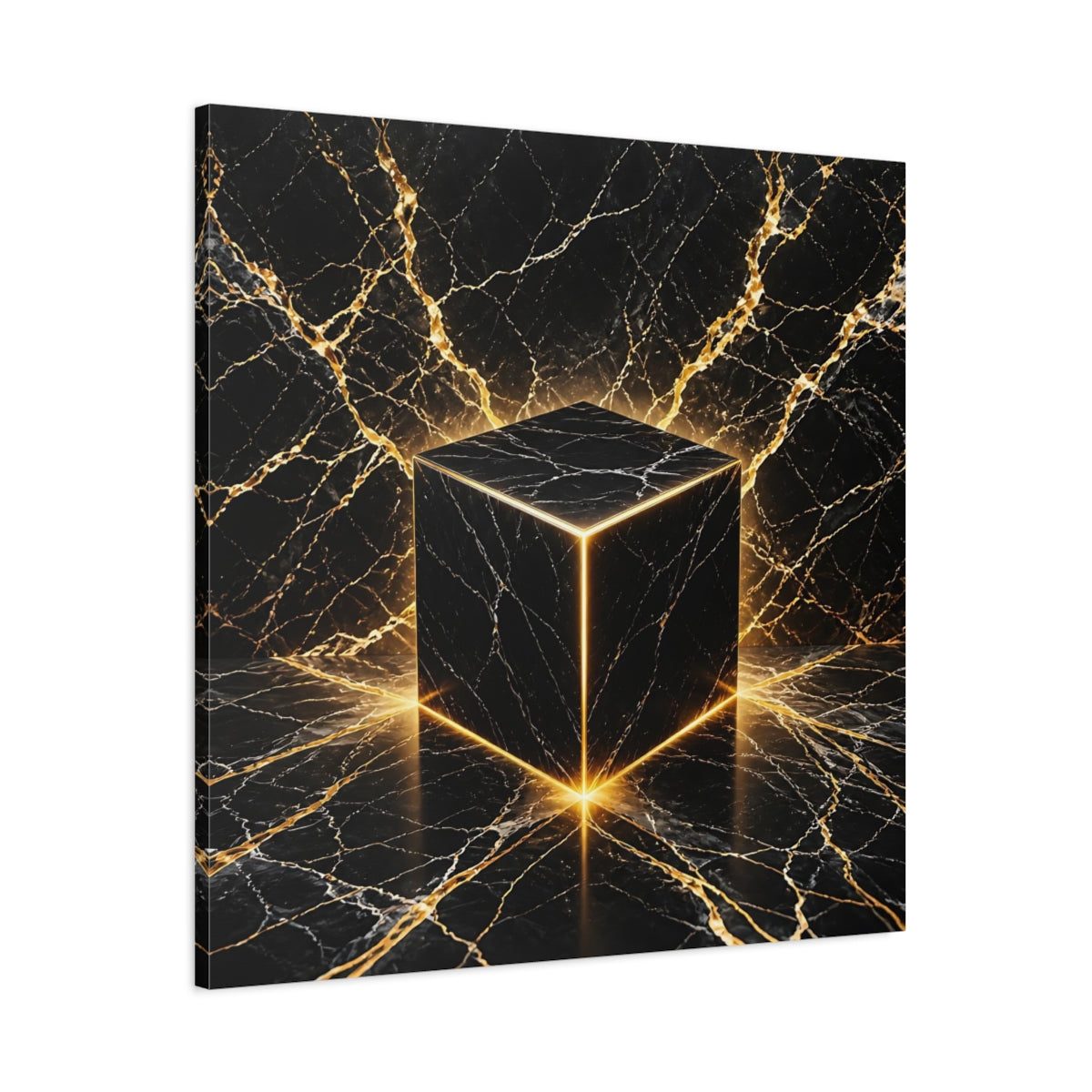 Main Mockup. Abstract Marble Cube Black Gold Abstract shown as stretched canvas wall art