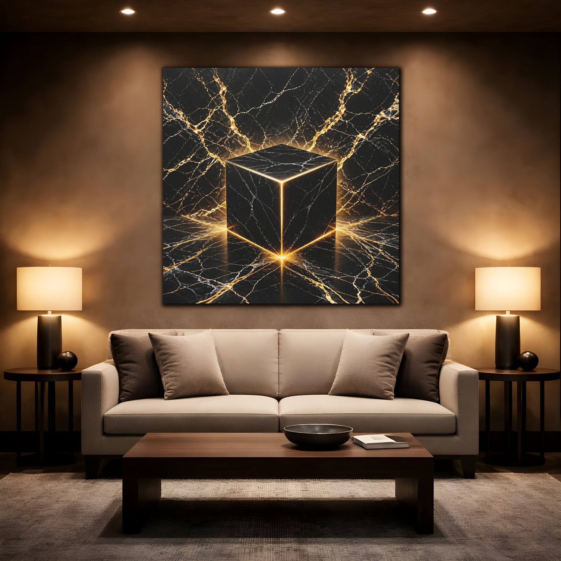 Mockup 2. Abstract Marble Cube Black Gold Abstract shown as stretched canvas wall art