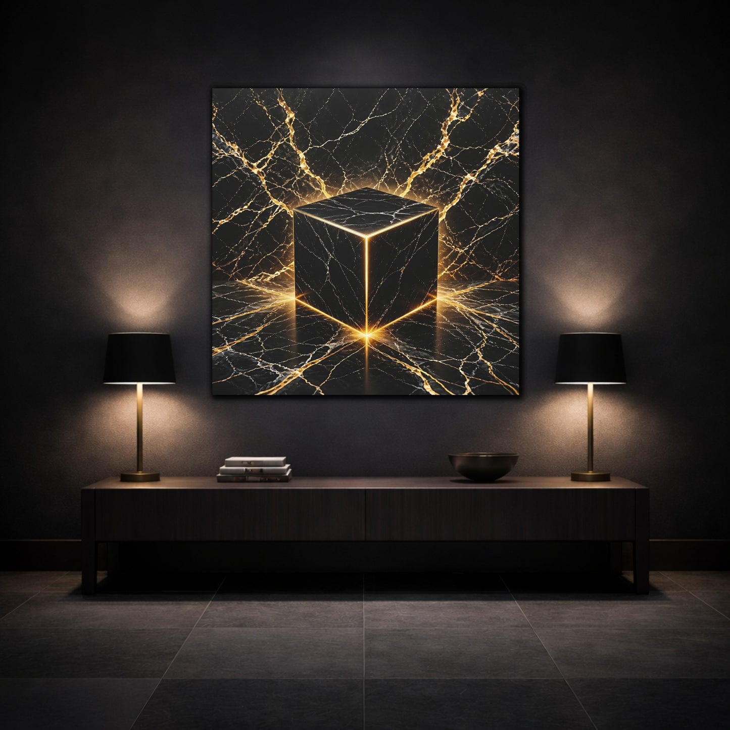 Mockup 3. Abstract Marble Cube Black Gold Abstract shown as stretched canvas wall art