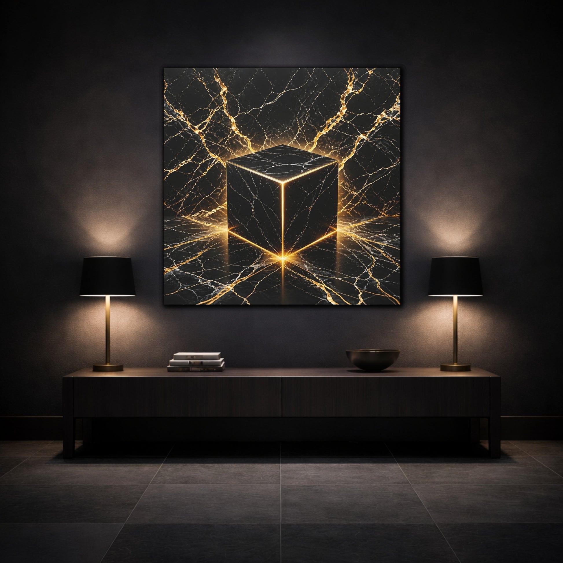 Mockup 3. Abstract Marble Cube Black Gold Abstract shown as stretched canvas wall art