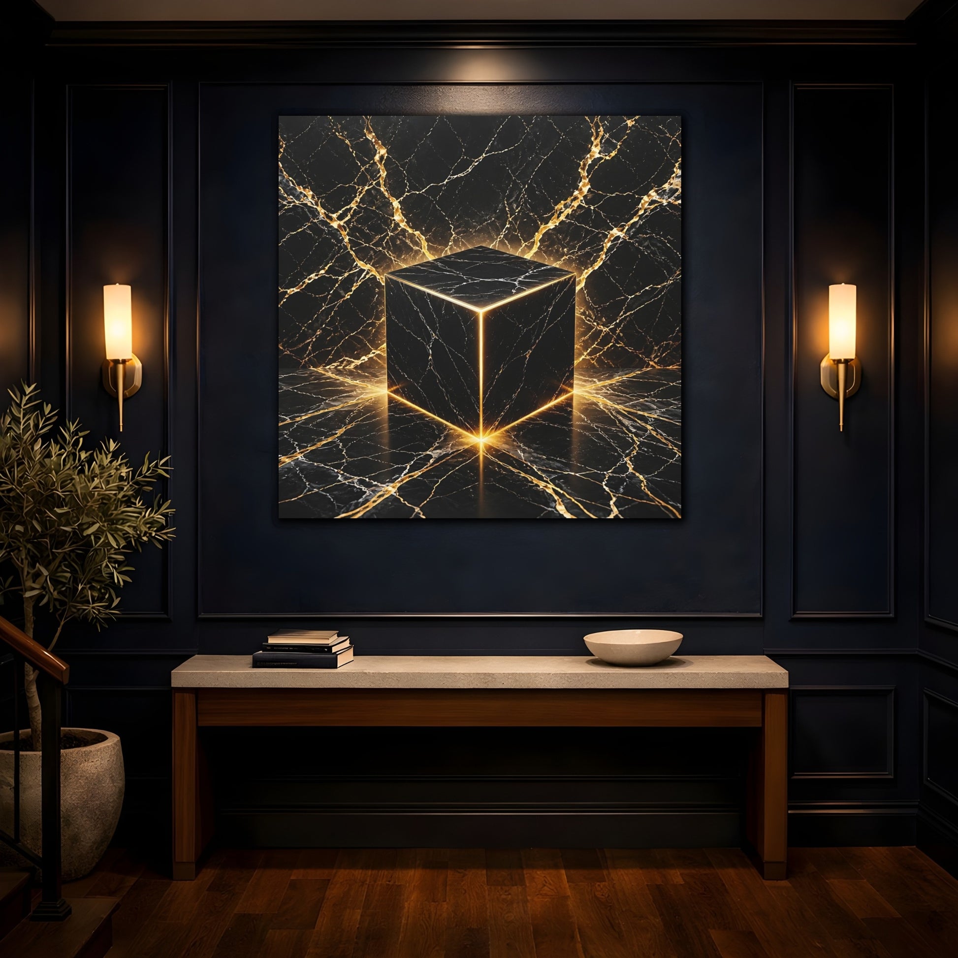 Mockup 4. Abstract Marble Cube Black Gold Abstract shown as stretched canvas wall art