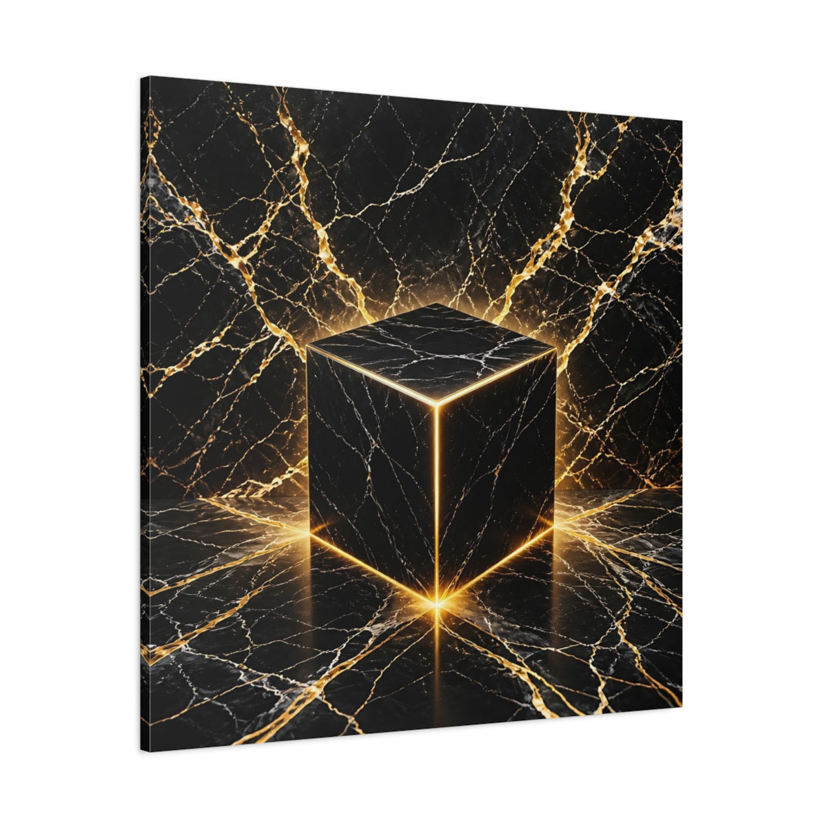Side Mockup 1. Abstract Marble Cube Black Gold Abstract shown as stretched canvas wall art