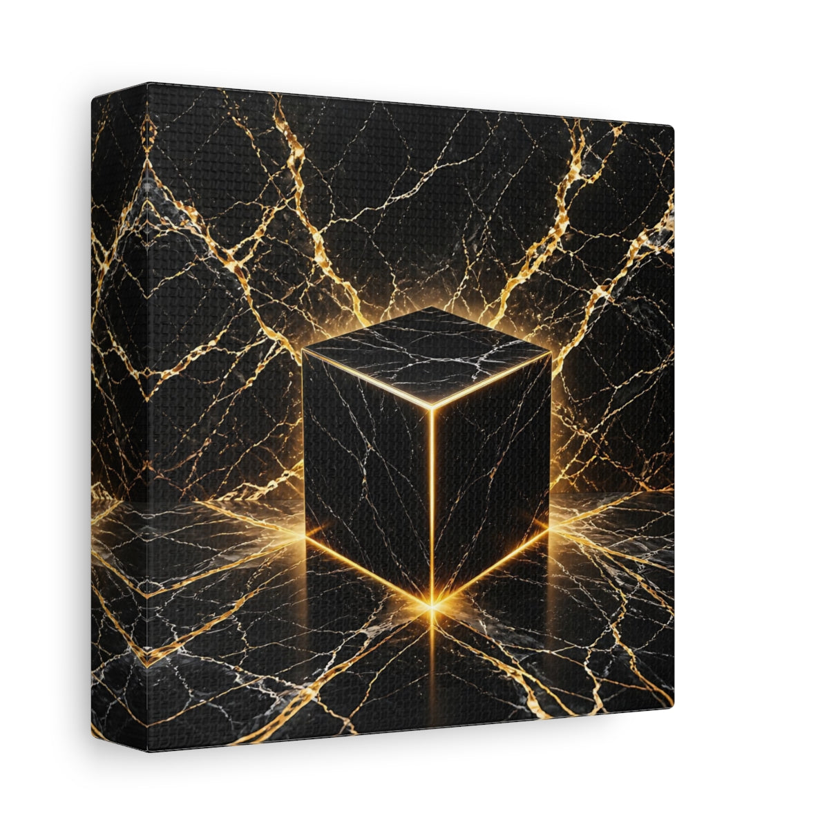 Side Mockup 2. Abstract Marble Cube Black Gold Abstract shown as stretched canvas wall art