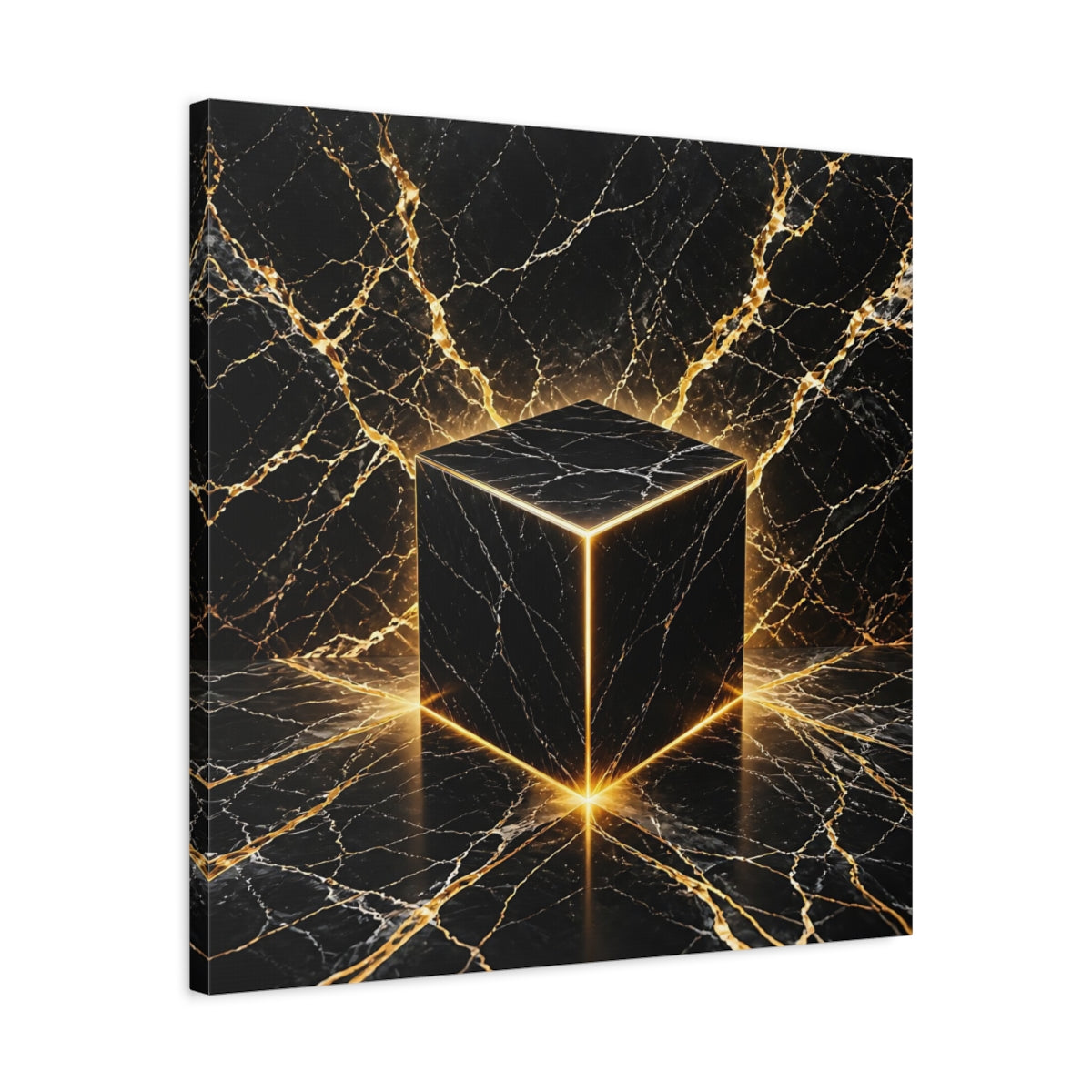 Side Mockup 4. Abstract Marble Cube Black Gold Abstract shown as stretched canvas wall art
