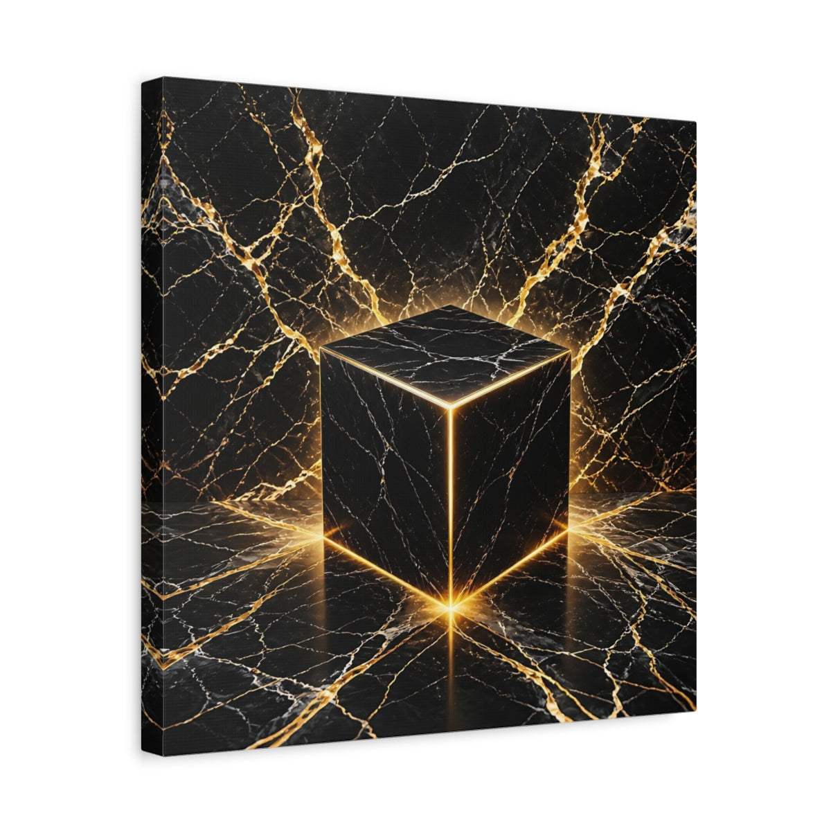 Side Mockup 6. Abstract Marble Cube Black Gold Abstract shown as stretched canvas wall art