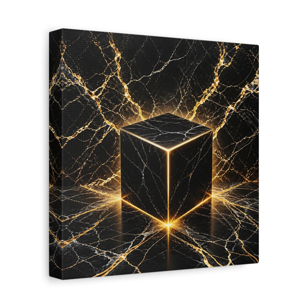 Side Mockup 9. Abstract Marble Cube Black Gold Abstract shown as stretched canvas wall art