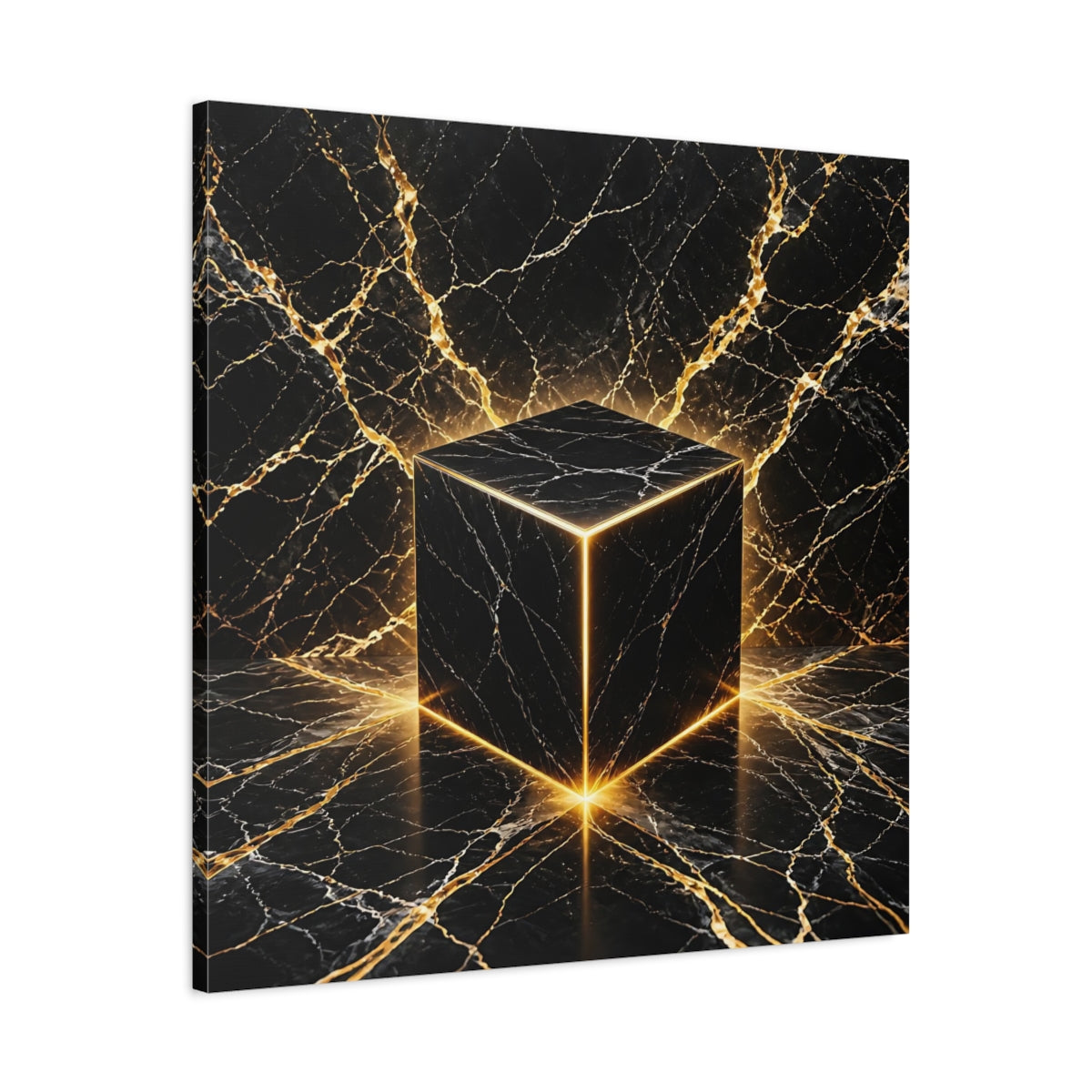 Side Mockup 3. Abstract Marble Cube Black Gold Abstract shown as stretched canvas wall art