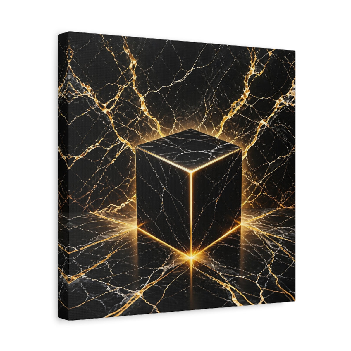 Side Mockup 7. Abstract Marble Cube Black Gold Abstract shown as stretched canvas wall art