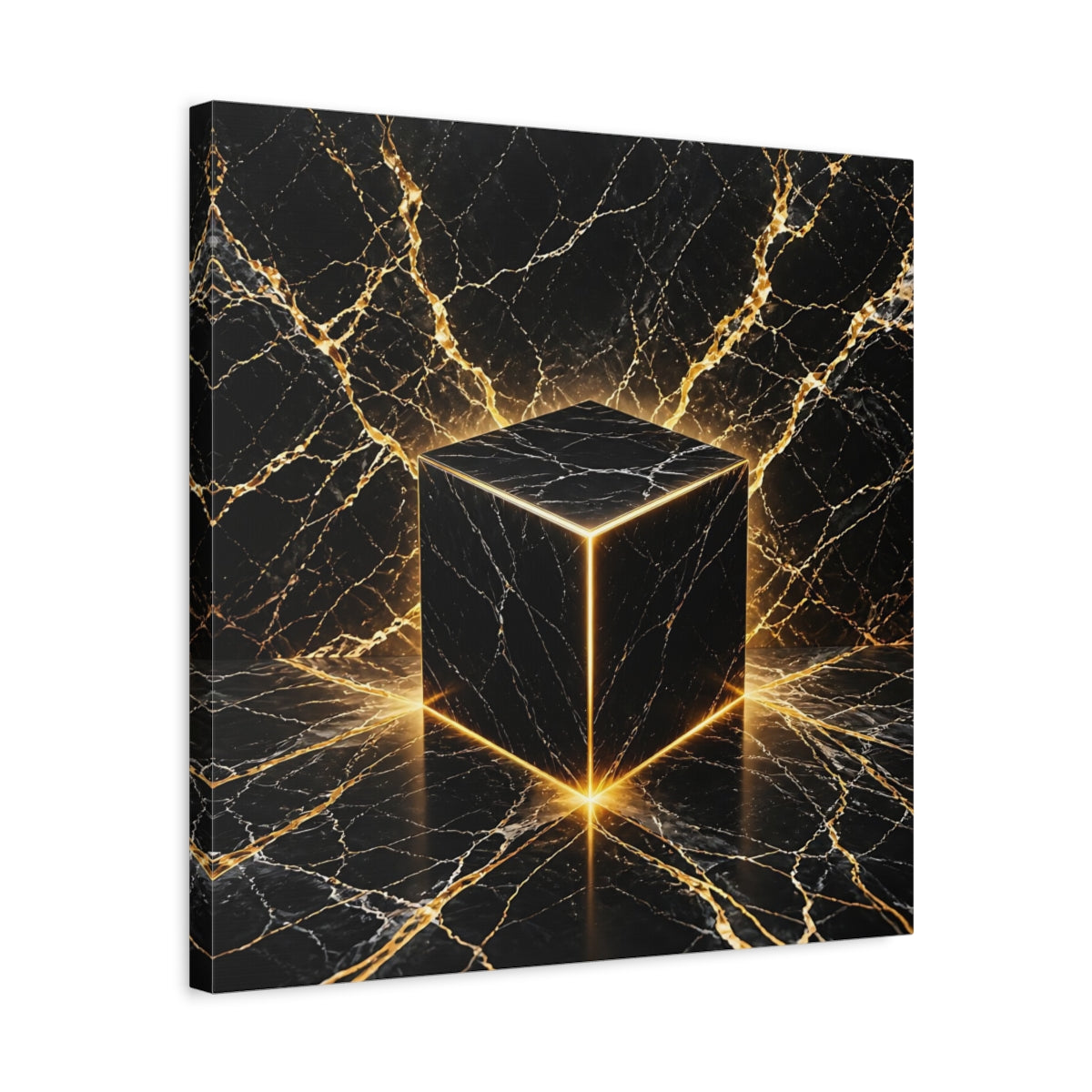 Side Mockup 5. Abstract Marble Cube Black Gold Abstract shown as stretched canvas wall art