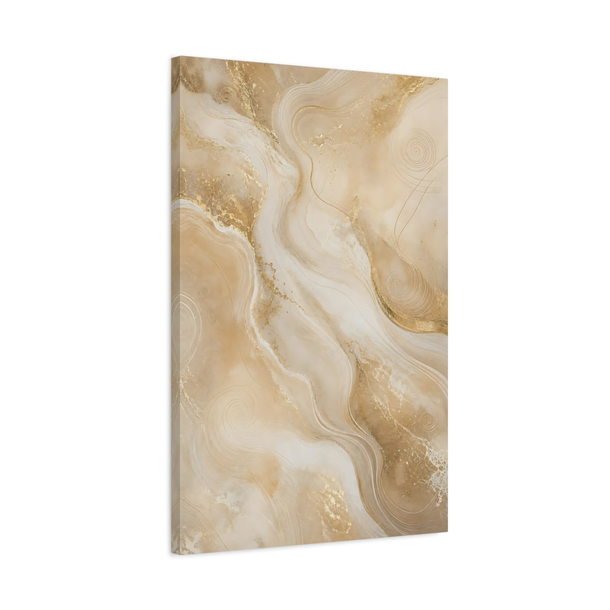 Side Mockup 2. Abstract Marble Flow Beige And Gold Abstract shown as stretched canvas wall art