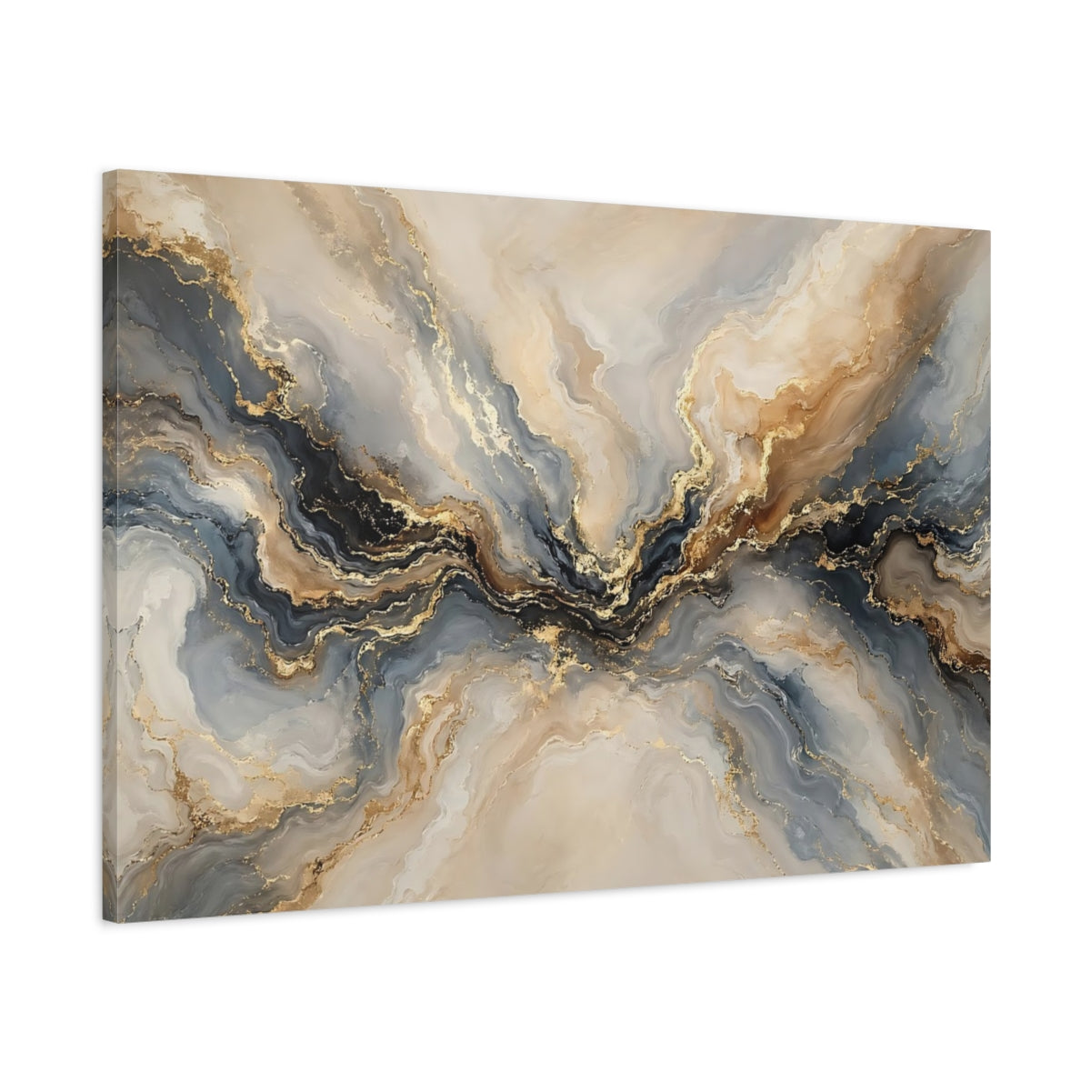 Main Mockup. Abstract Marble Flow Gold And Grey Abstract shown as stretched canvas wall art