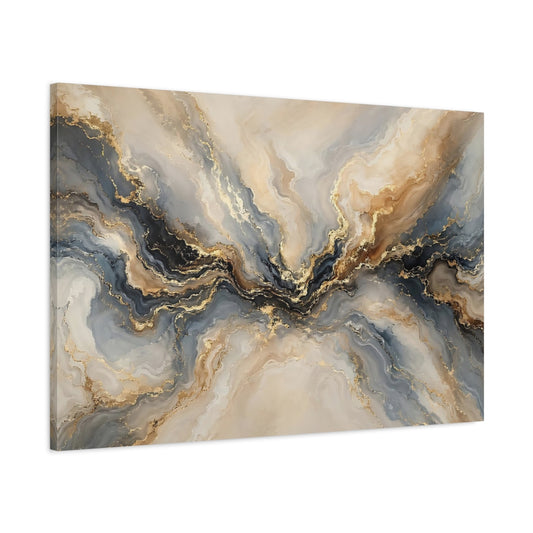 Main Mockup. Abstract Marble Flow Gold And Grey Abstract shown as stretched canvas wall art