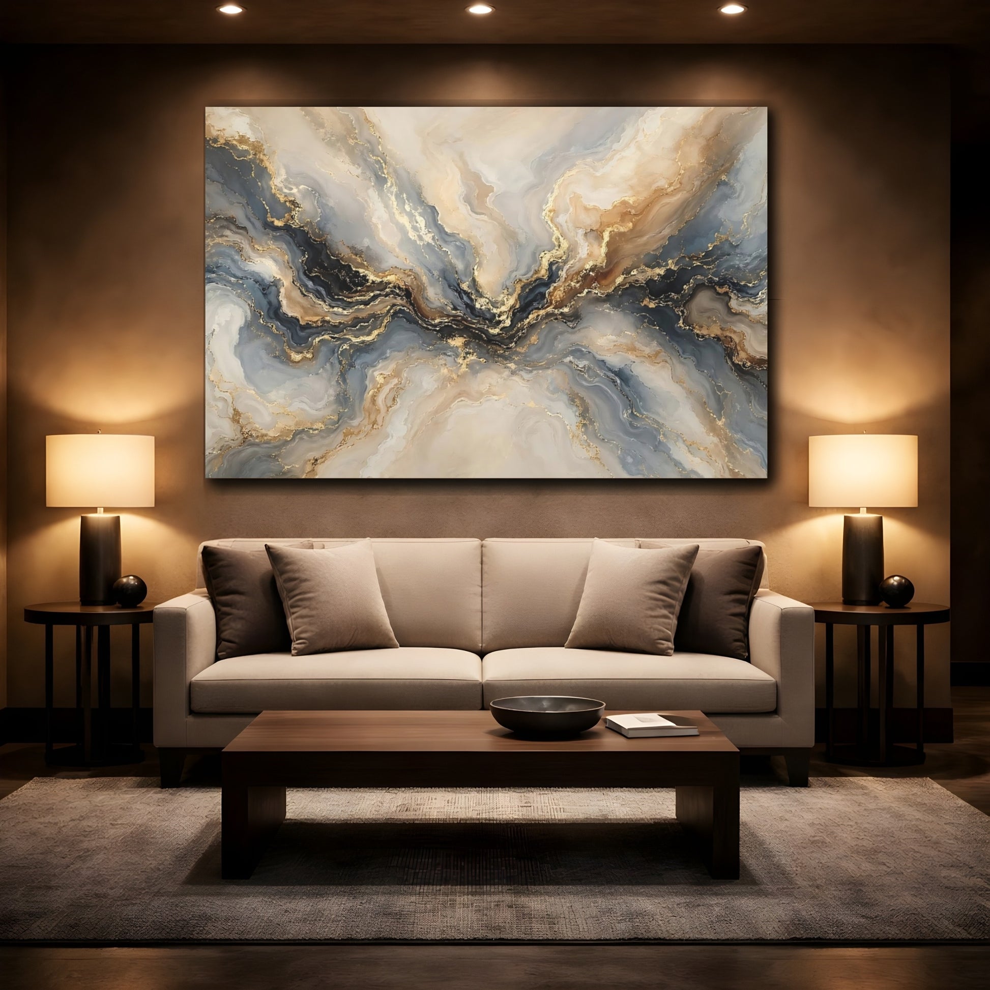 Mockup 2. Abstract Marble Flow Gold And Grey Abstract shown as stretched canvas wall art