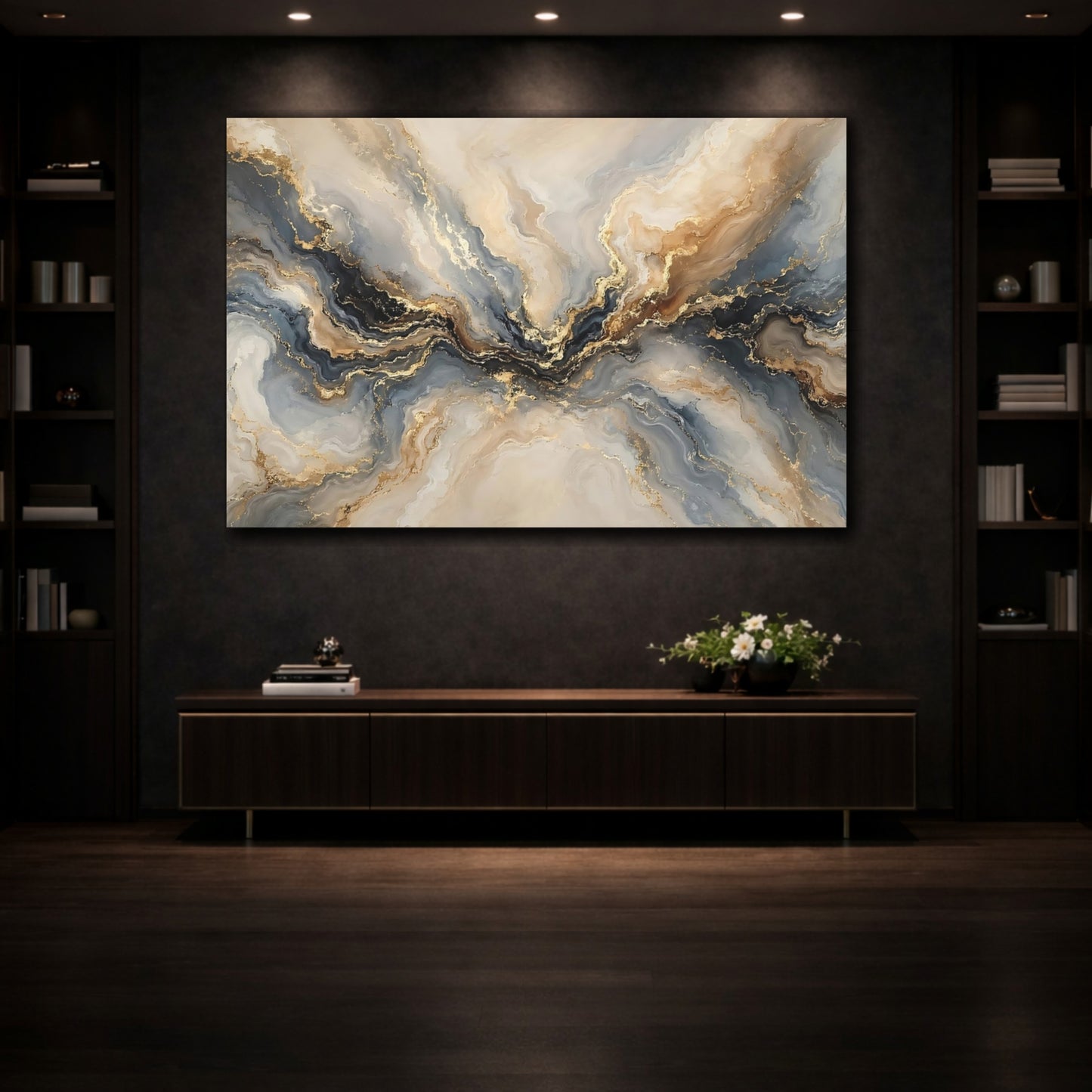 Mockup 3. Abstract Marble Flow Gold And Grey Abstract shown as stretched canvas wall art