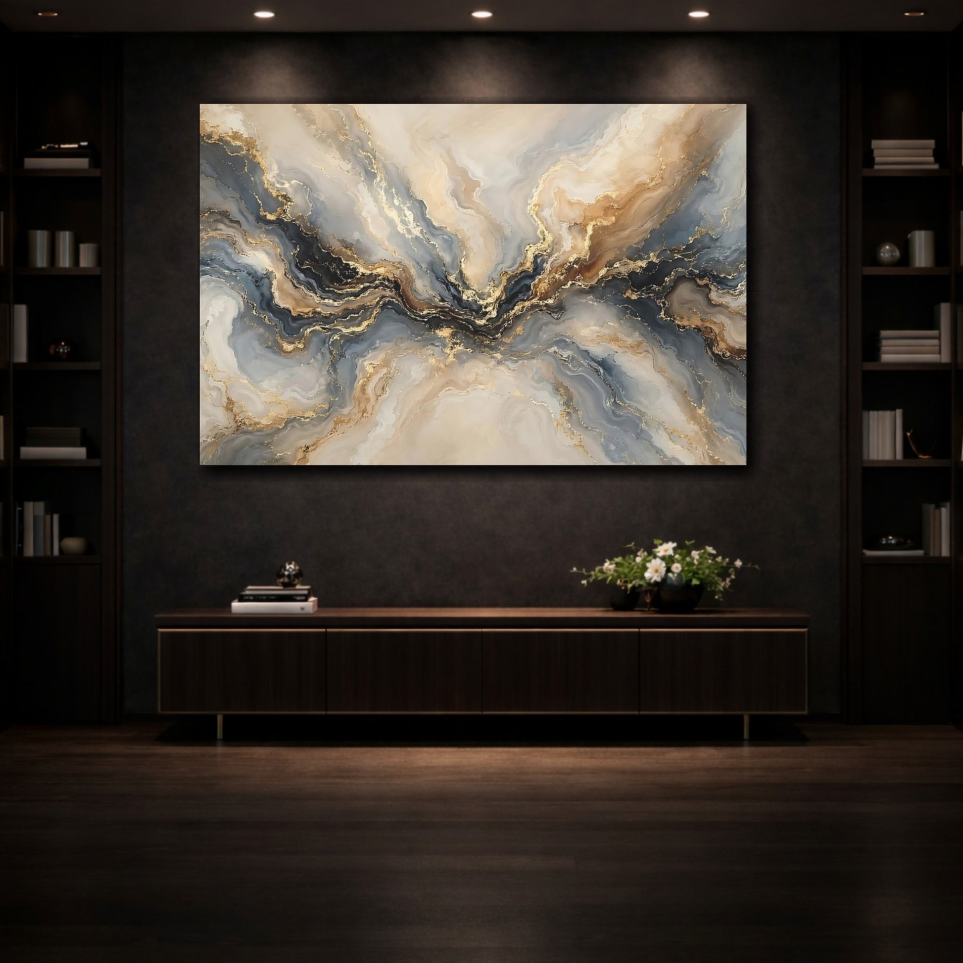 Mockup 3. Abstract Marble Flow Gold And Grey Abstract shown as stretched canvas wall art