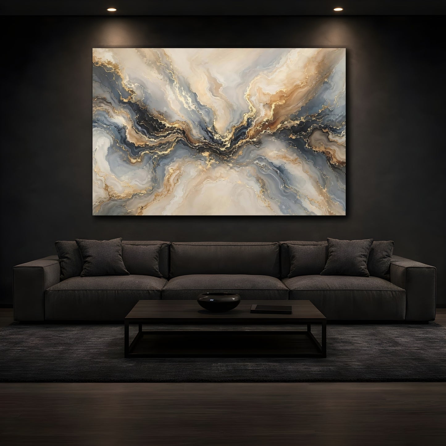 Mockup 4. Abstract Marble Flow Gold And Grey Abstract shown as stretched canvas wall art