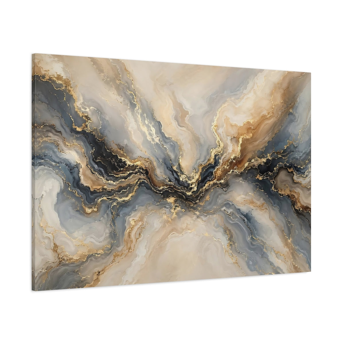 Side Mockup 1. Abstract Marble Flow Gold And Grey Abstract shown as stretched canvas wall art