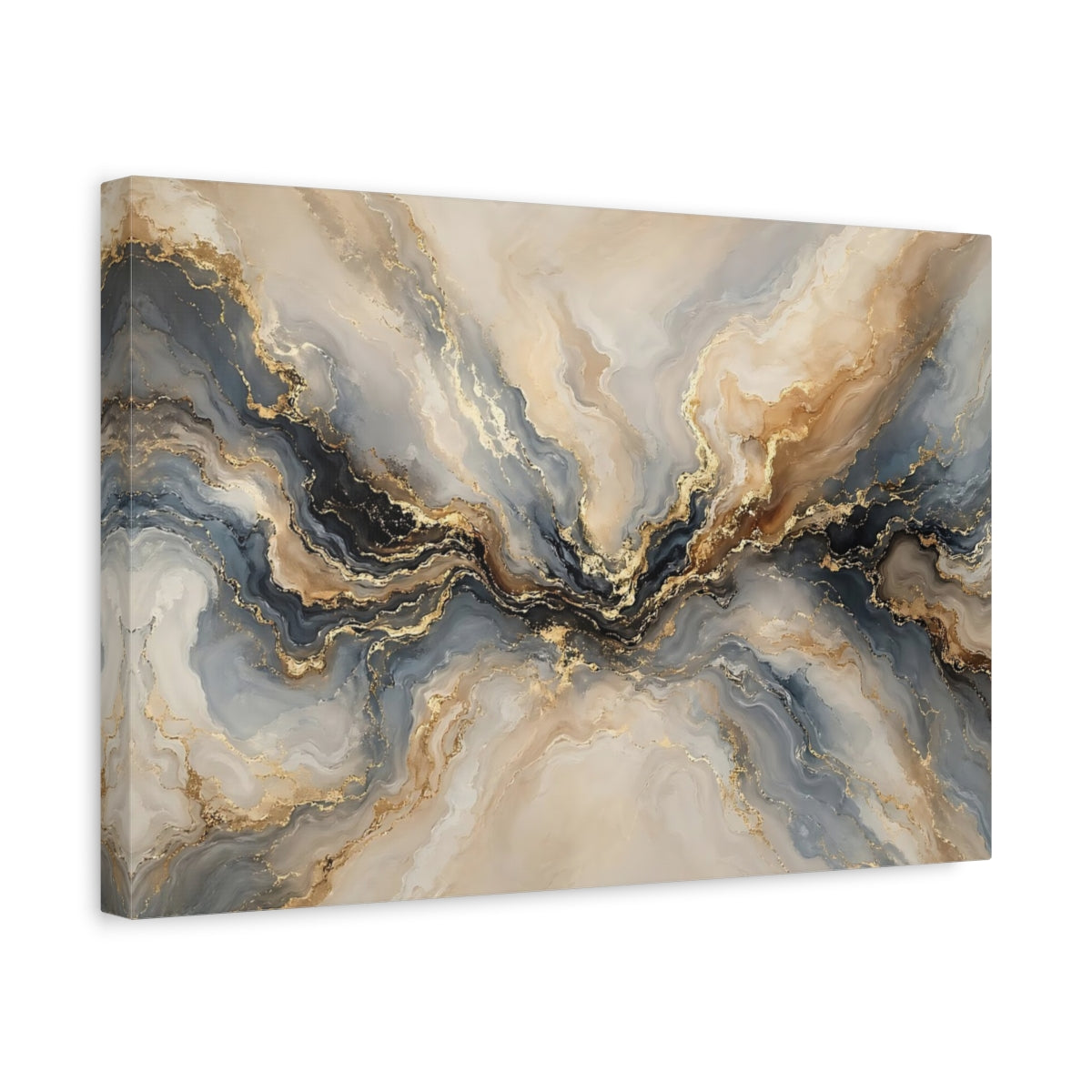 Side Mockup 4. Abstract Marble Flow Gold And Grey Abstract shown as stretched canvas wall art