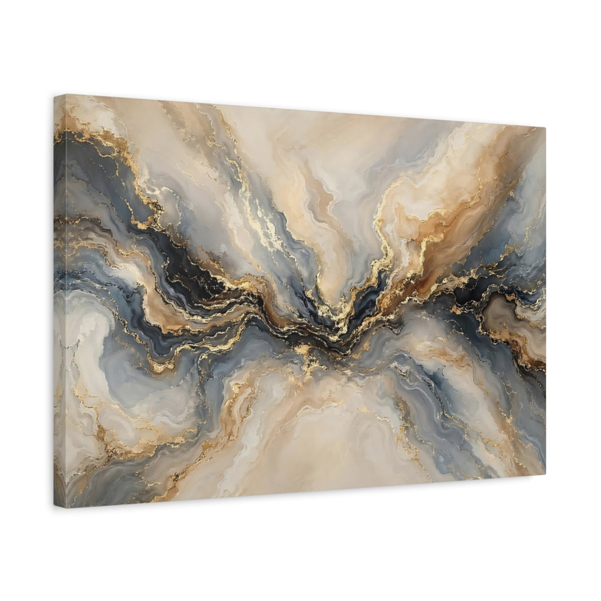 Side Mockup 3. Abstract Marble Flow Gold And Grey Abstract shown as stretched canvas wall art