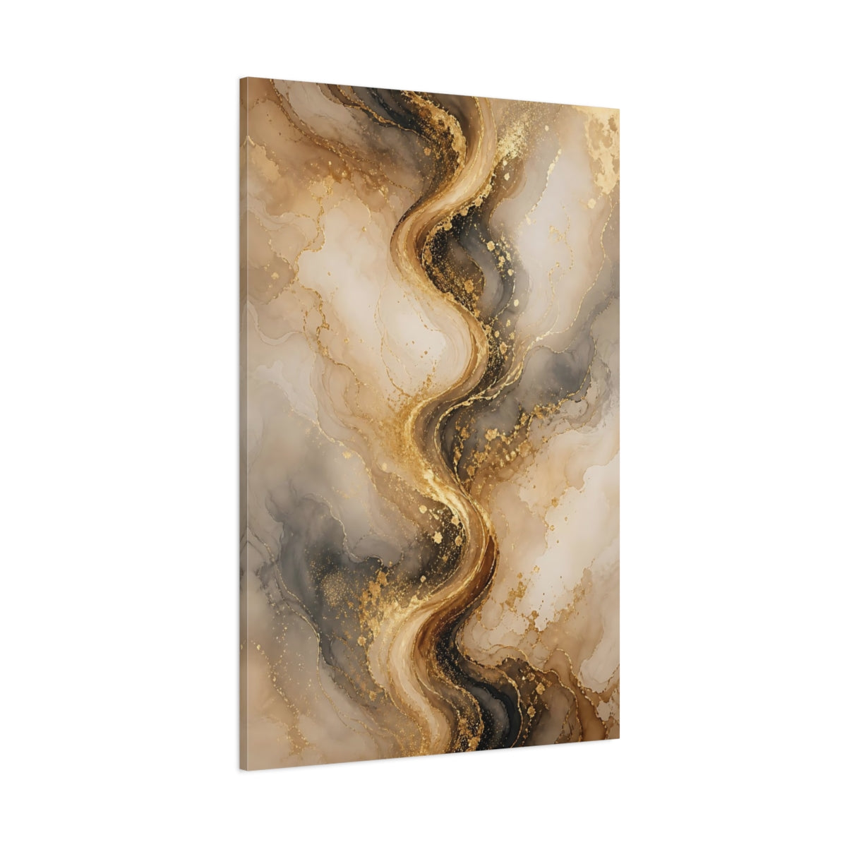 Side Mockup 1. Abstract Abstract Marble Gold And Black Marble shown as stretched canvas wall art