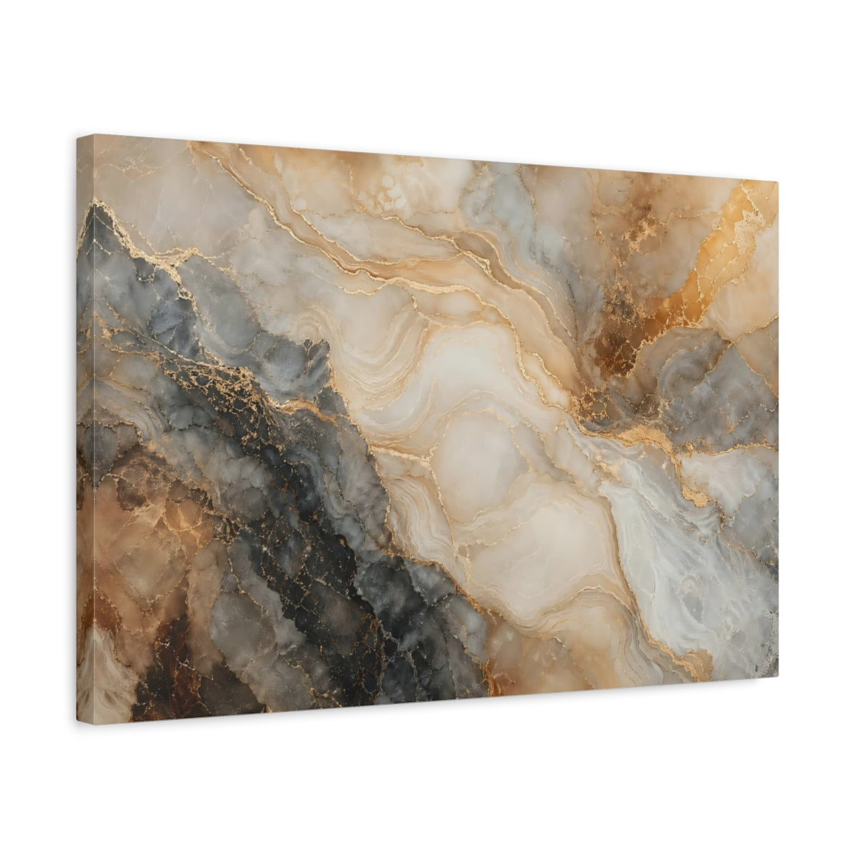 Side Mockup 3. Abstract Marble Gold And Gray Marble shown as stretched canvas wall art