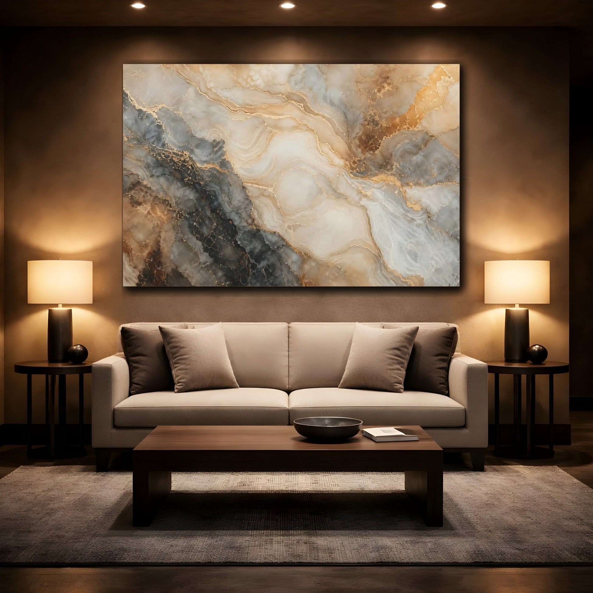 Mockup 2. Abstract Marble Gold And Gray Marble shown as stretched canvas wall art