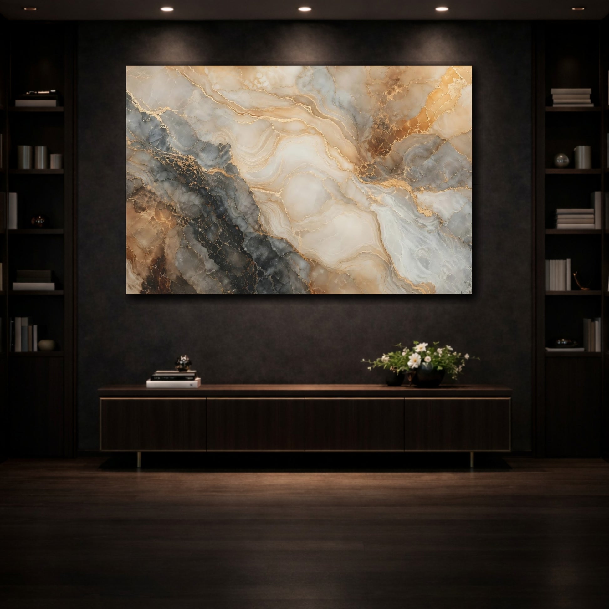 Mockup 3. Abstract Marble Gold And Gray Marble shown as stretched canvas wall art