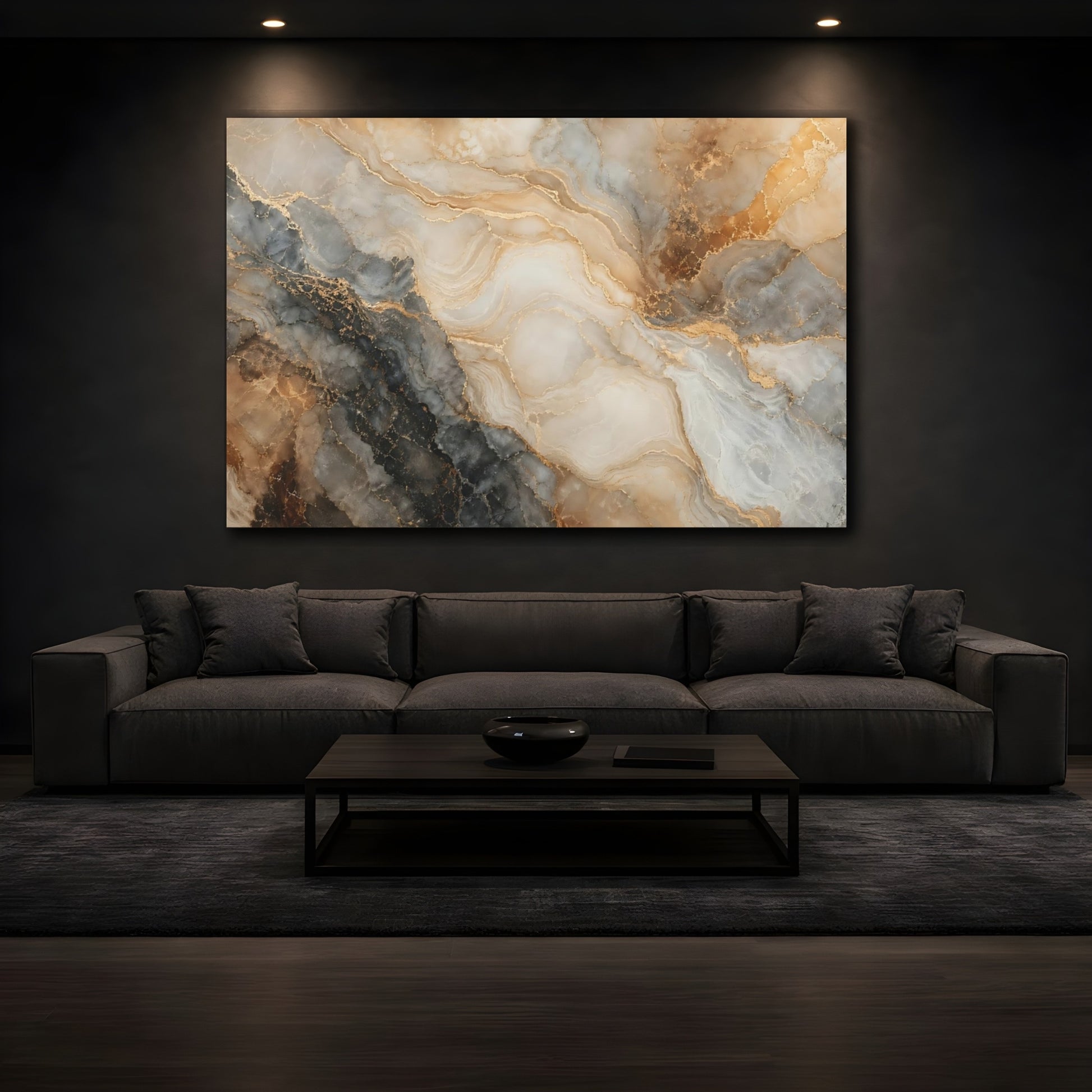 Mockup 4. Abstract Marble Gold And Gray Marble shown as stretched canvas wall art