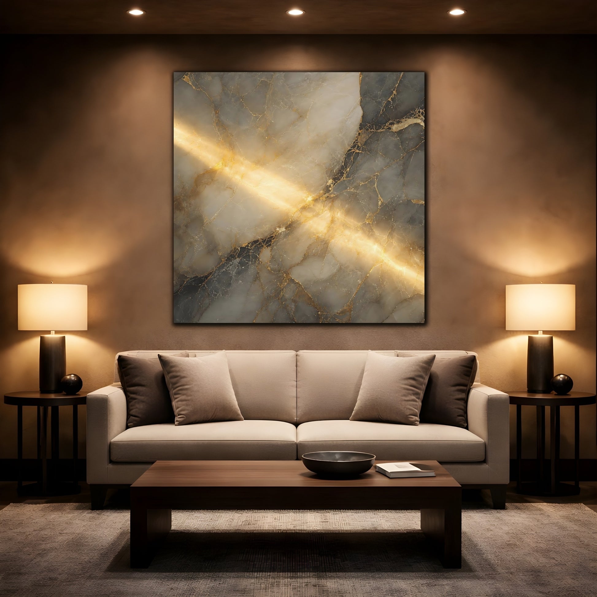 Mockup 2. Abstract Marble Gold And Gray shown as stretched canvas wall art