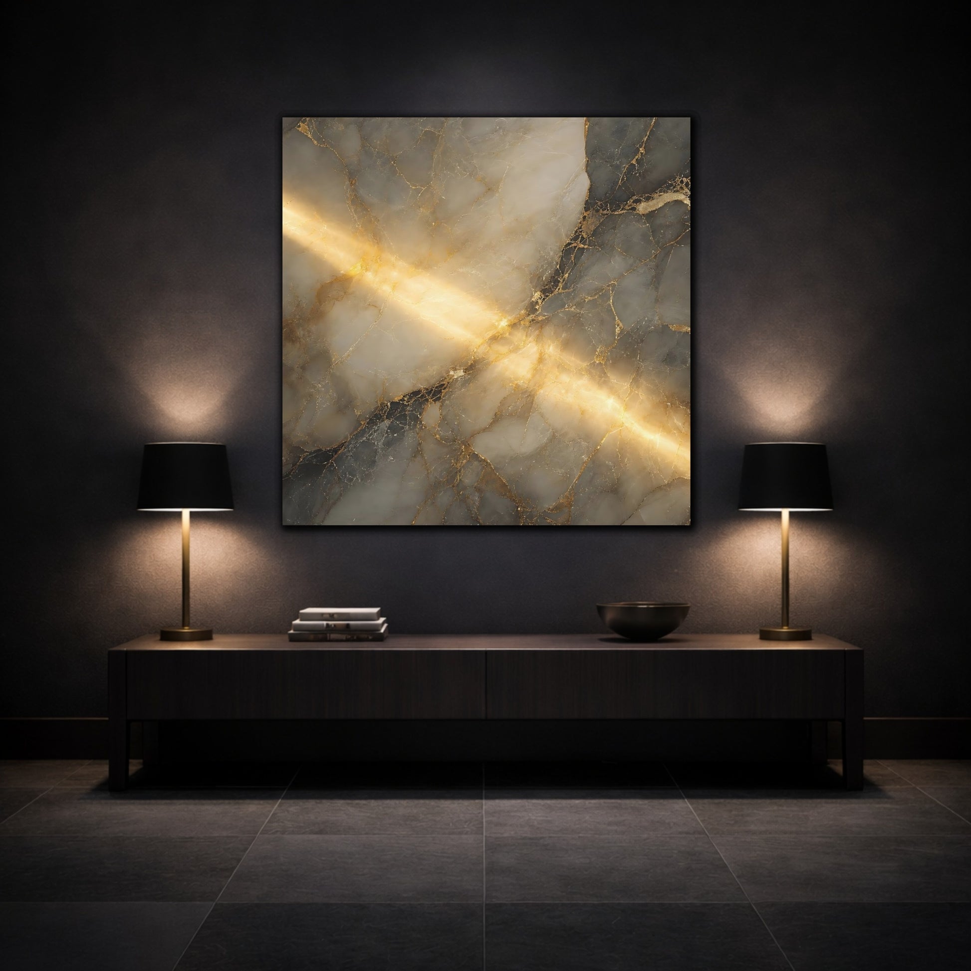 Mockup 3. Abstract Marble Gold And Gray shown as stretched canvas wall art