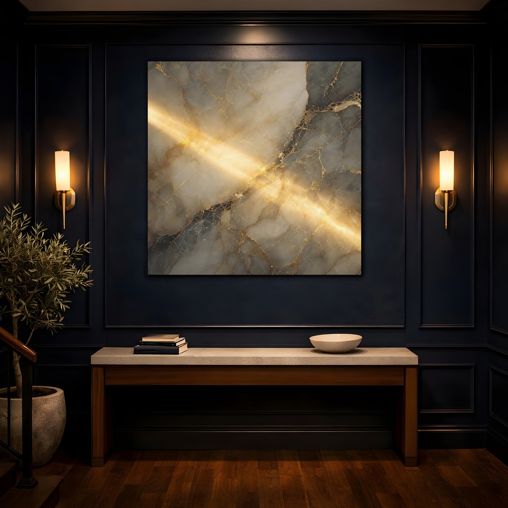 Mockup 4. Abstract Marble Gold And Gray shown as stretched canvas wall art