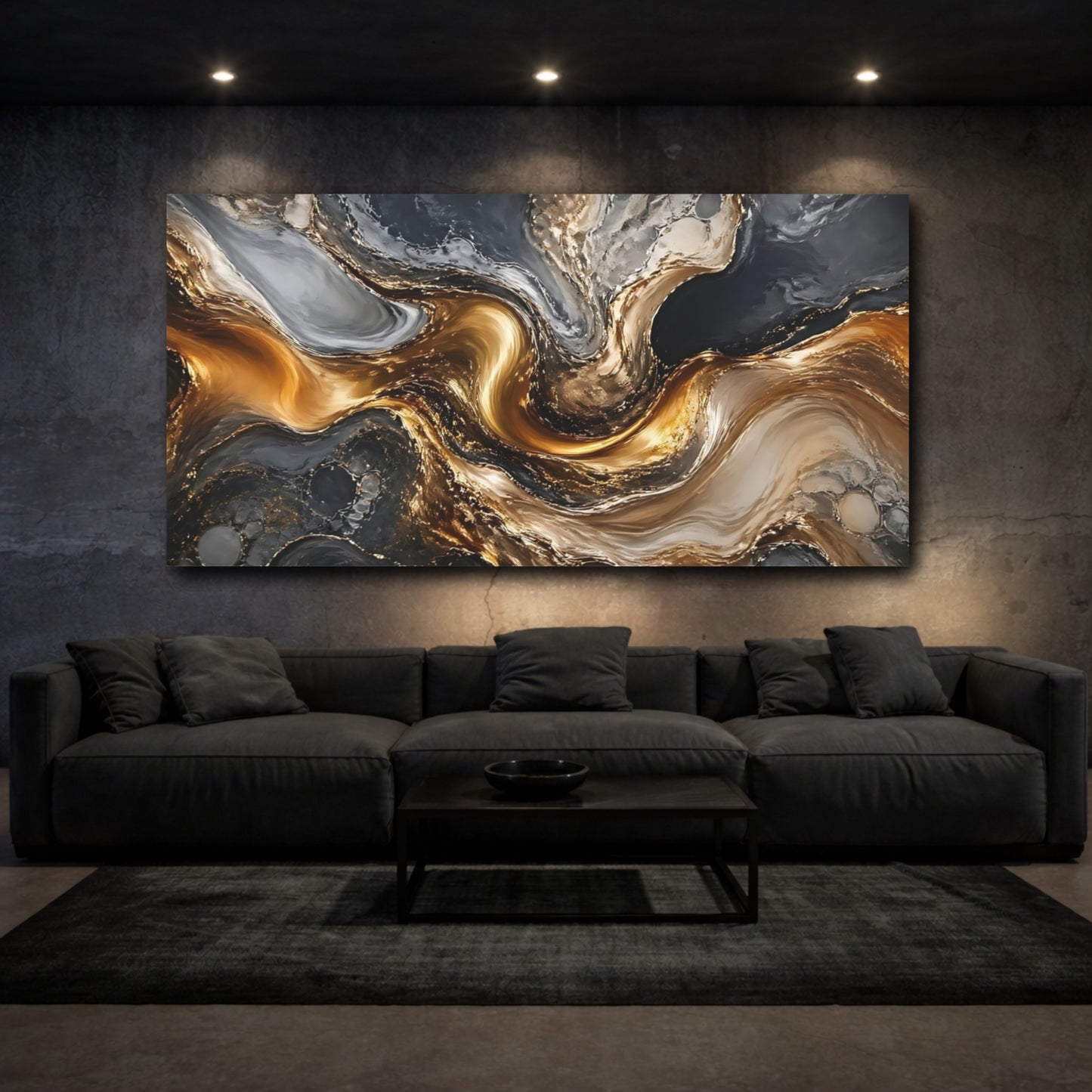 Mockup 2. Abstract Marble Gold And Grey Abstract shown as stretched canvas wall art
