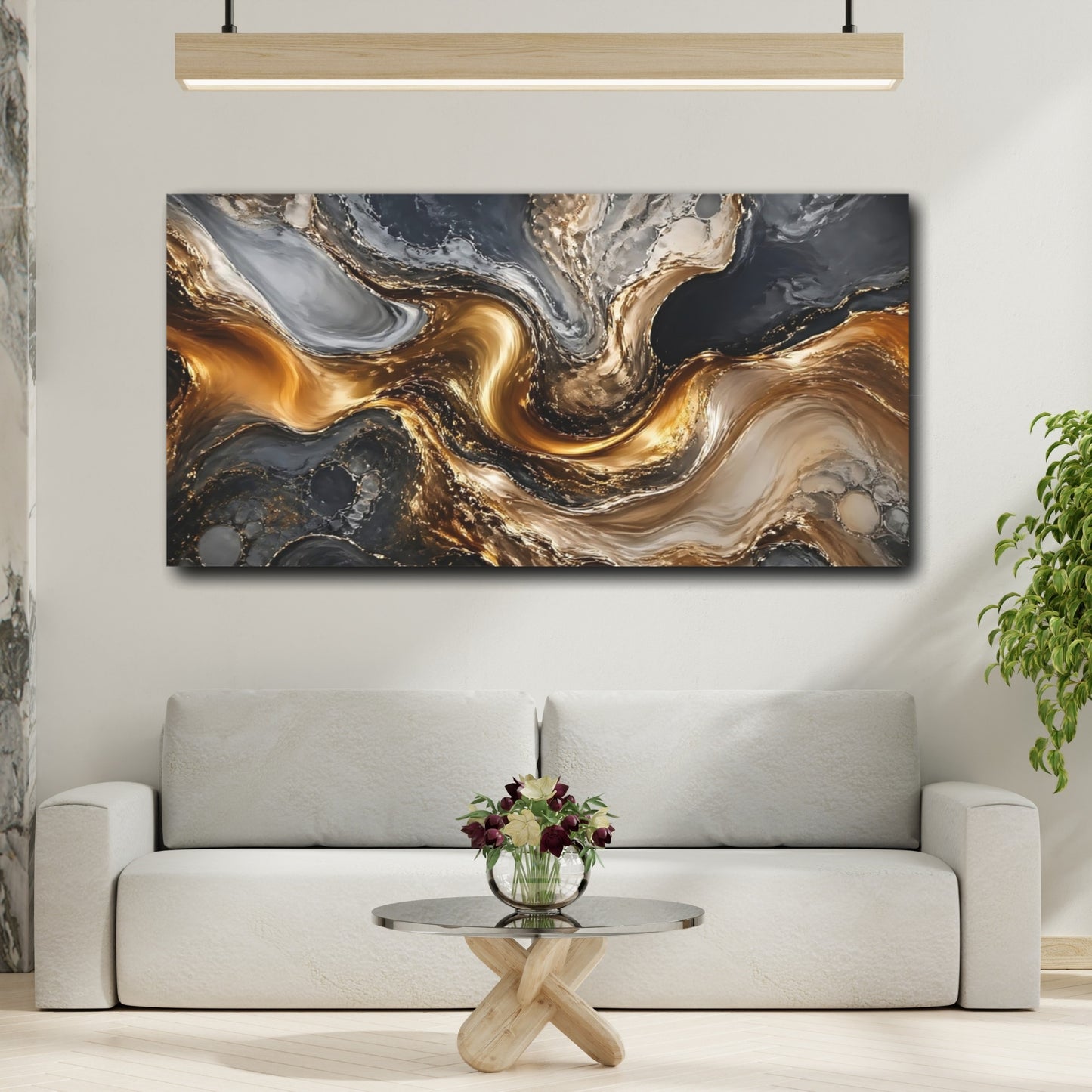 Mockup 3. Abstract Marble Gold And Grey Abstract shown as stretched canvas wall art