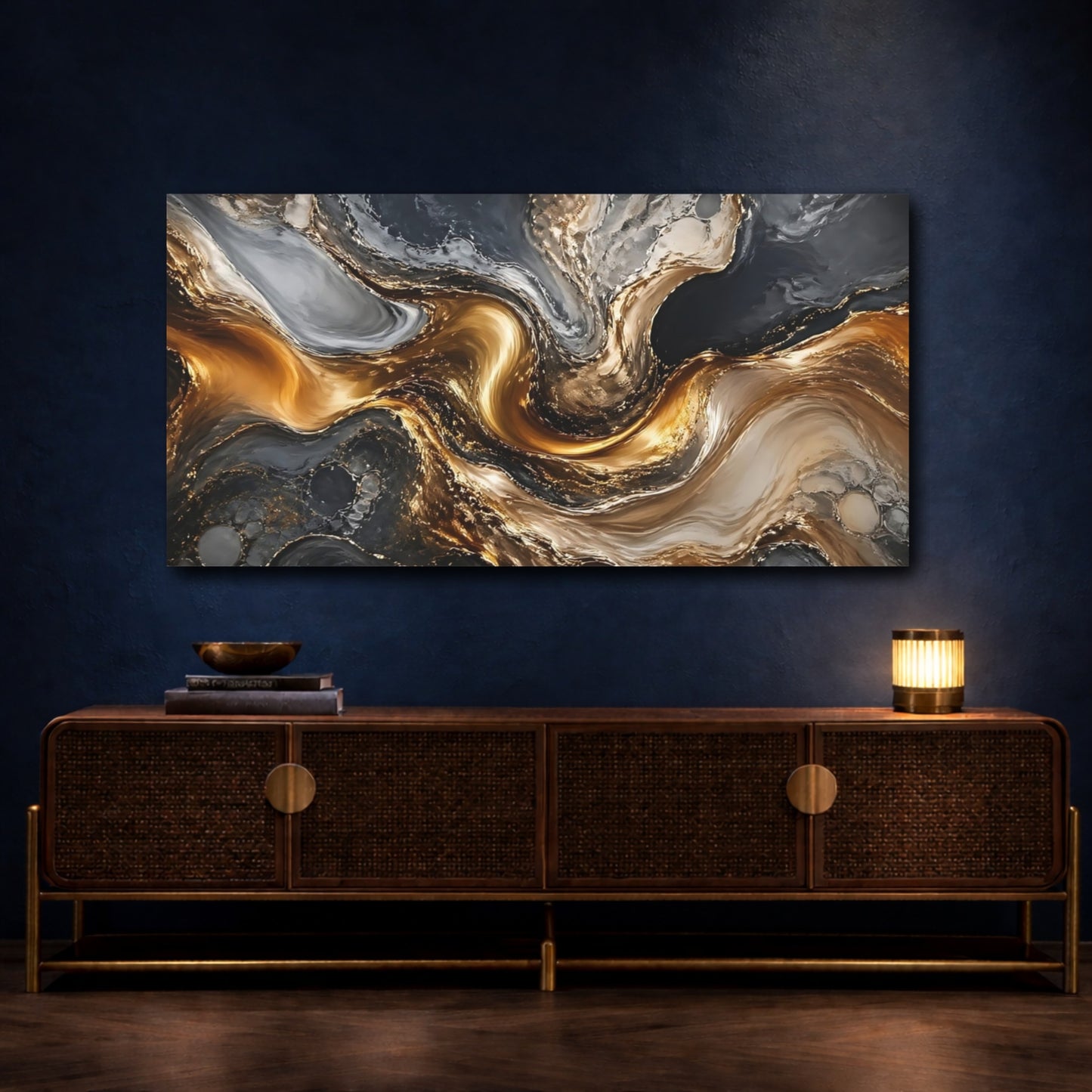 Mockup 4. Abstract Marble Gold And Grey Abstract shown as stretched canvas wall art