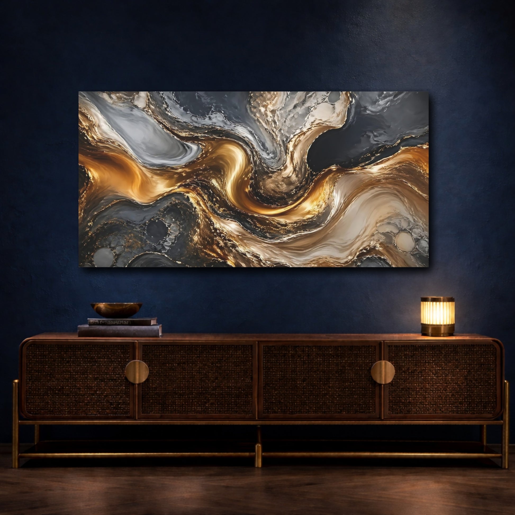 Mockup 4. Abstract Marble Gold And Grey Abstract shown as stretched canvas wall art